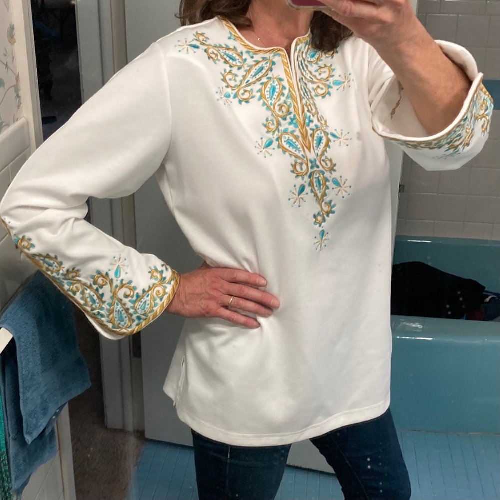 Glamorous Bob Mackie Tunic l Cream / Off White l Turquoise l Gold l Wearable Art - Picture 13 of 13